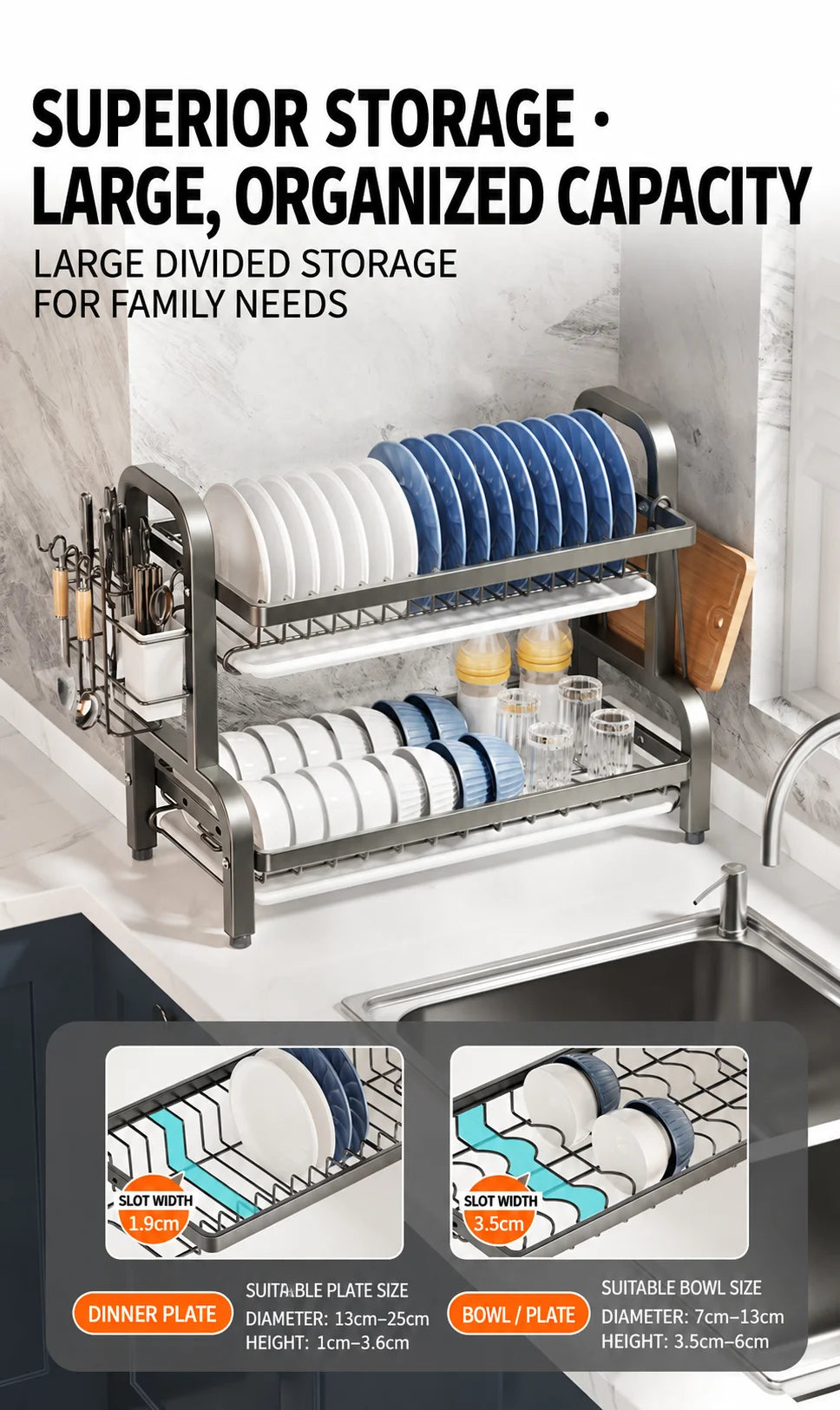 Dish Drying Rack 2 Tier, Dish Rack for Kitchen with Drip Trays, Plate Rack, Knife Holder, Cutlery Basket, Cutting Board Holder