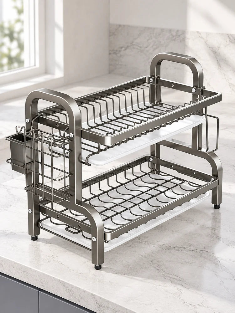 Dish Drying Rack 2 Tier, Dish Rack for Kitchen with Drip Trays, Plate Rack, Knife Holder, Cutlery Basket, Cutting Board Holder