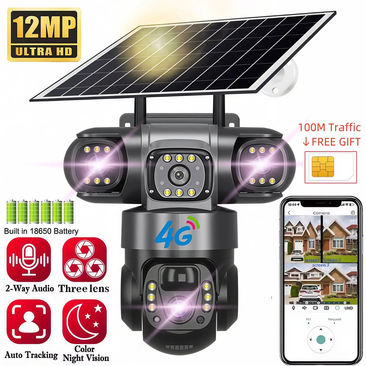 Solar 4G Triple-Lens Security Camera 12MP 6K