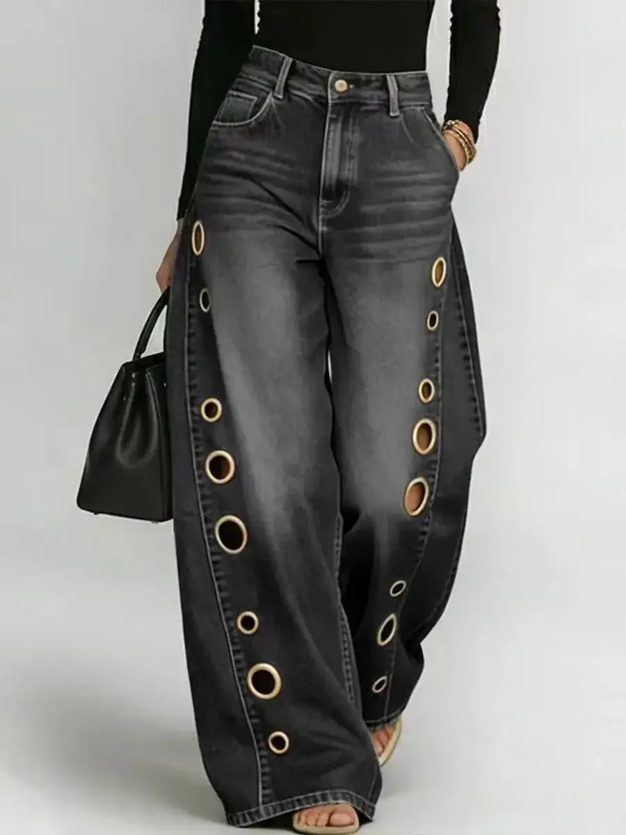 Sexy Wide-Leg Jeans with Eyelet Detail – High-Waisted