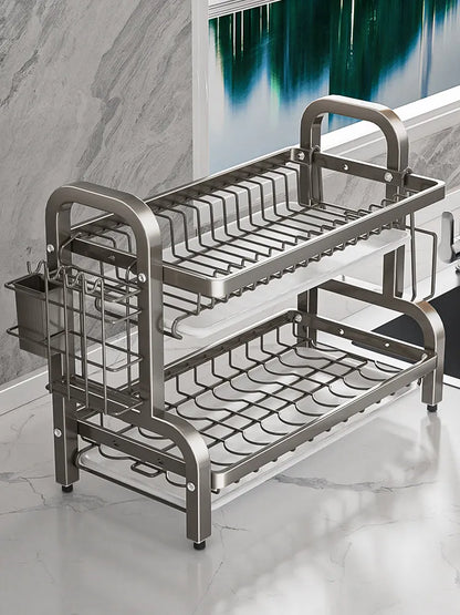 Dish Drying Rack 2 Tier, Dish Rack for Kitchen with Drip Trays, Plate Rack, Knife Holder, Cutlery Basket, Cutting Board Holder