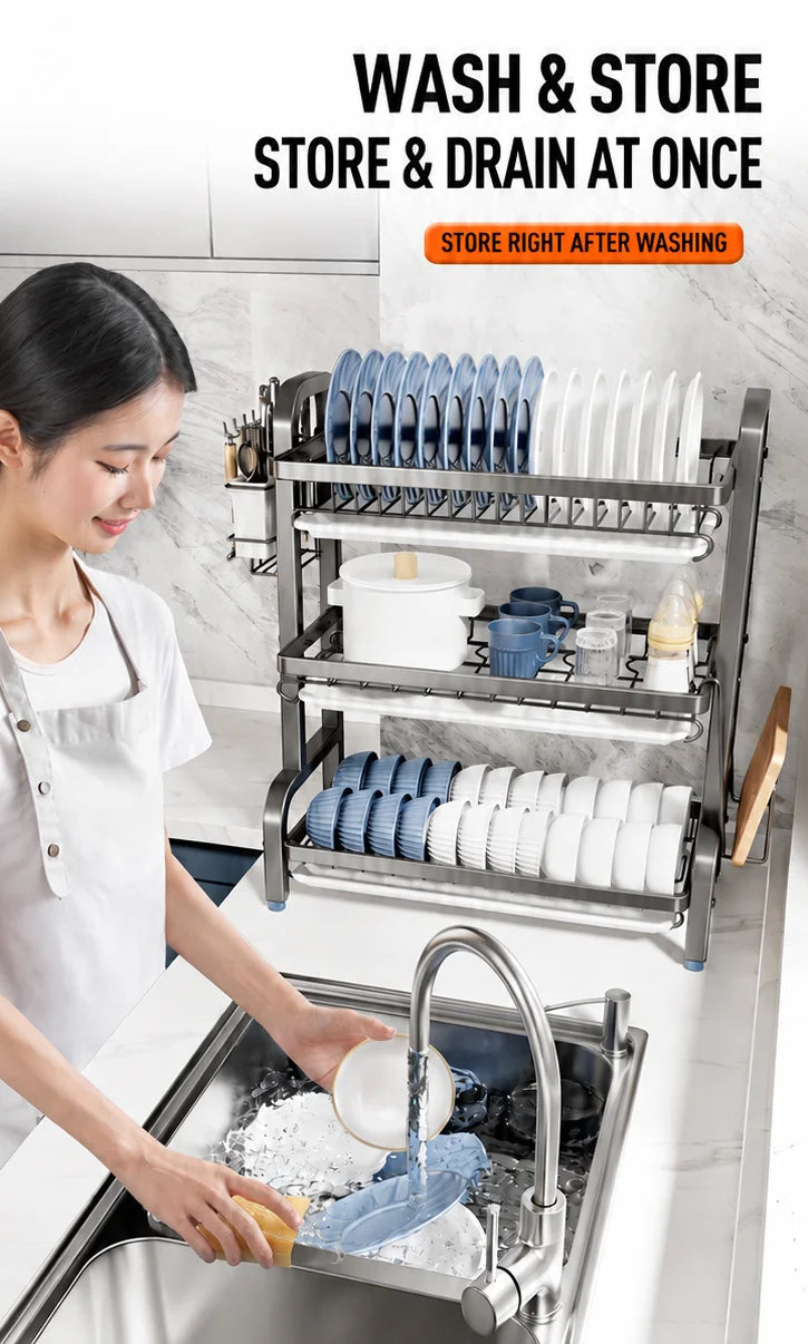 Dish Drying Rack 2 Tier, Dish Rack for Kitchen with Drip Trays, Plate Rack, Knife Holder, Cutlery Basket, Cutting Board Holder