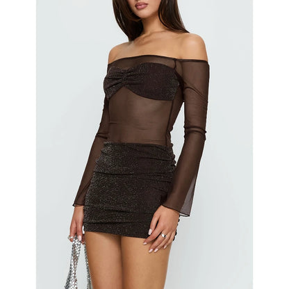 ShimmerMesh Off-Shoulder Party Mini Dress Jumpsuit