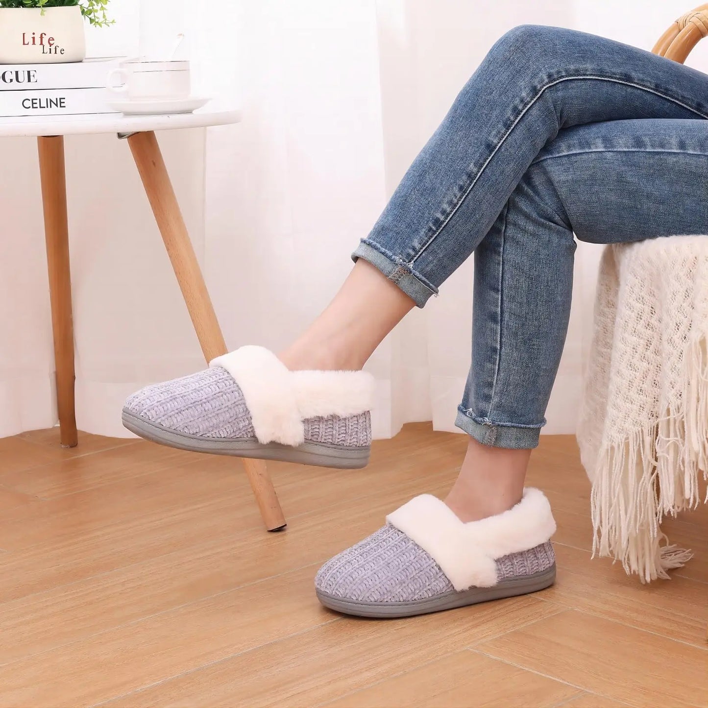 Shevalues Women's Winter Fuzzy House Slippers Non-slip Cozy  Fluffy Knit Slides With Memory Foam Indoor Warm Plush Bedroom Shoes