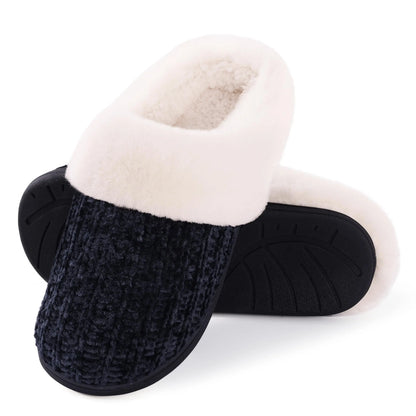 Shevalues Women's Winter Fuzzy House Slippers Non-slip Cozy  Fluffy Knit Slides With Memory Foam Indoor Warm Plush Bedroom Shoes