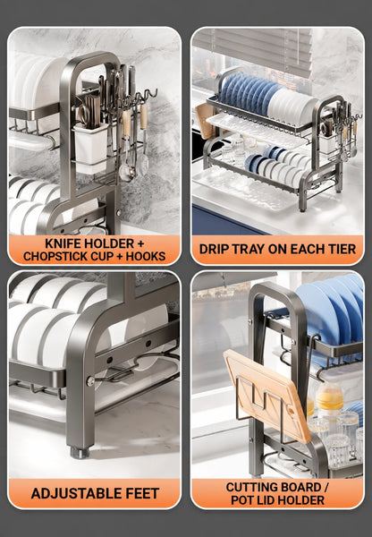 Dish Drying Rack 2 Tier, Dish Rack for Kitchen with Drip Trays, Plate Rack, Knife Holder, Cutlery Basket, Cutting Board Holder