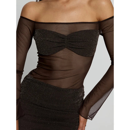 ShimmerMesh Off-Shoulder Party Mini Dress Jumpsuit