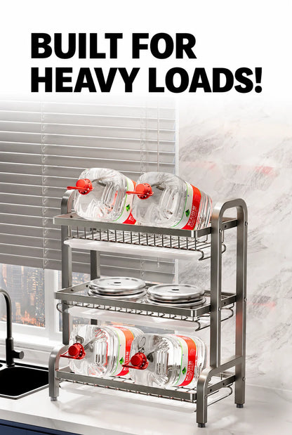 Dish Drying Rack 2 Tier, Dish Rack for Kitchen with Drip Trays, Plate Rack, Knife Holder, Cutlery Basket, Cutting Board Holder