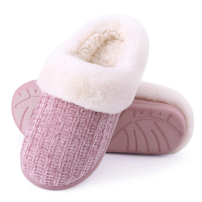 Shevalues Women's Winter Fuzzy House Slippers Non-slip Cozy  Fluffy Knit Slides With Memory Foam Indoor Warm Plush Bedroom Shoes