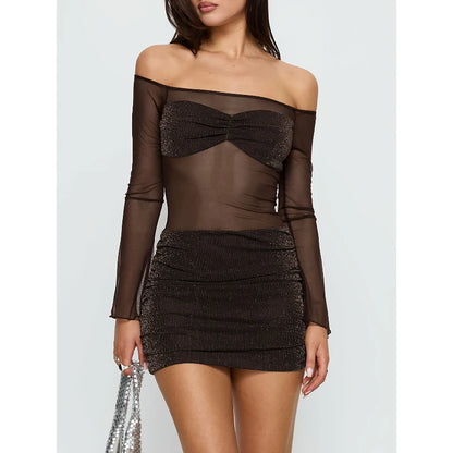 ShimmerMesh Off-Shoulder Party Mini Dress Jumpsuit