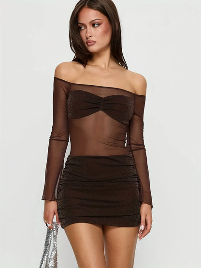 ShimmerMesh Off-Shoulder Party Mini Dress Jumpsuit