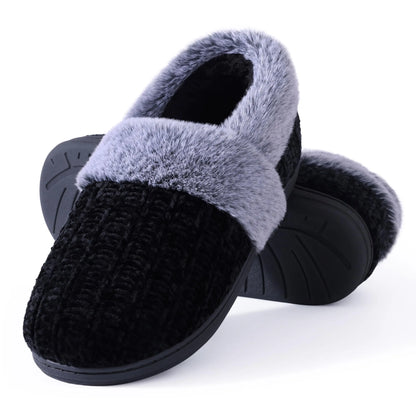 Shevalues Women's Winter Fuzzy House Slippers Non-slip Cozy  Fluffy Knit Slides With Memory Foam Indoor Warm Plush Bedroom Shoes